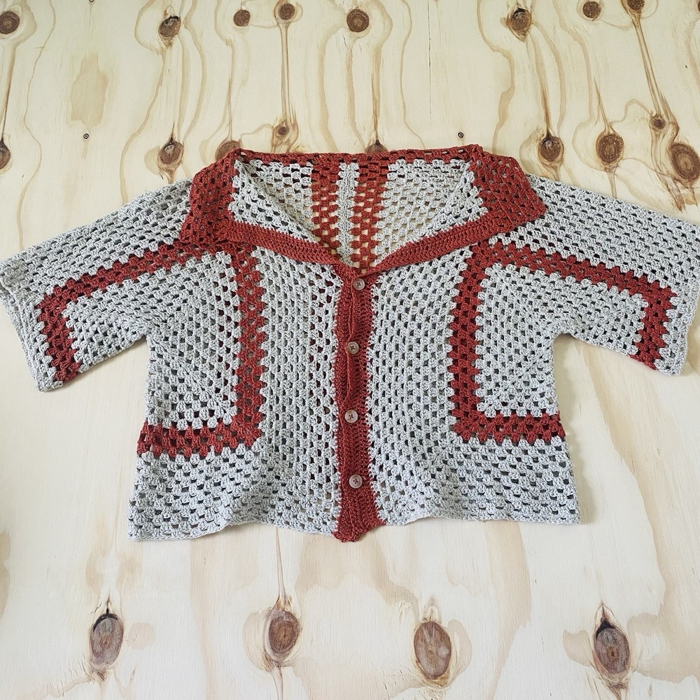 Vintage Inspired Crocheted Knit Retro Short Sleeve Button Front L XL